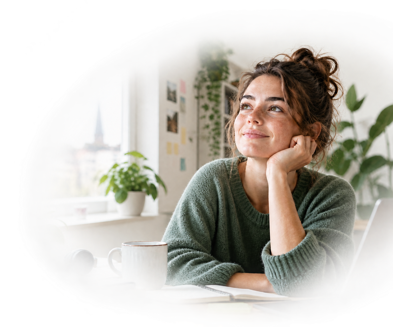 Calm adult woman sitting at her desk at home, reflecting